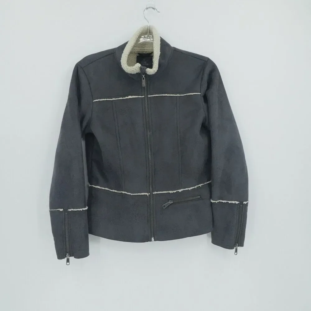 Prana Jacket Womens Small Gray‎ Faux Suede Sherpa Lined Esme Moto Boho Gorp